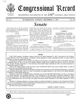 Congressional Record United States Th of America PROCEEDINGS and DEBATES of the 110 CONGRESS, FIRST SESSION