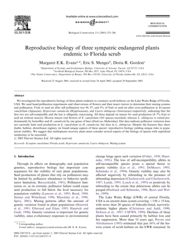 Reproductive Biology of Three Sympatric Endangered Plants Endemic to Florida Scrub