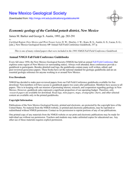 Economic Geology of the Carlsbad Potash District, New Mexico James M