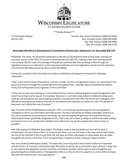 Assembly Workforce Development Committee Democrats: Statement on Assembly Bill 237