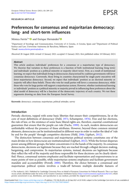 Preferences for Consensus and Majoritarian Democracy: Long- and Short-Term Influences