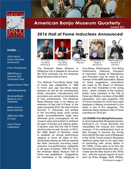 American Banjo Museum Quarterly Summer 2016