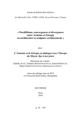 Parallélisme, Convergences Et Divergences Entre Arménie Et Géorgie En Architecture Et Sculpture Architecturale »