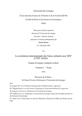 La Restitution Internationale Des Biens Culturels Aux Xixe Et Xxe Siècles