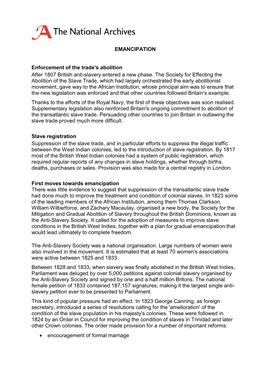 EMANCIPATION Enforcement of the Trade's Abolition After 1807 British Anti-Slavery Entered a New Phase. the Society for Effecting