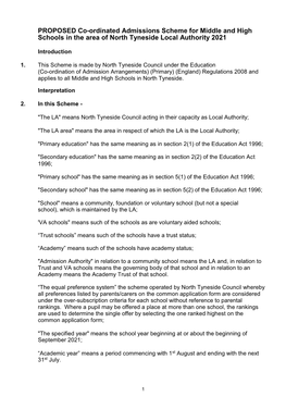 PROPOSED Co-Ordinated Admissions Scheme for Middle and High Schools in the Area of North Tyneside Local Authority 2021