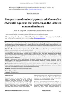 Comparison of Variously Prepared Momordica Charantia Aqueous Leaf Extracts on the Isolated Mammalian Heart