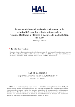 La Transmission Culturelle Du Traitement De La Criminalité Chez Les Enfants Mineurs De La Grande-Bretagne À L’Écosse À La Suite De La Dévolution De 1999 Ahmady Camara