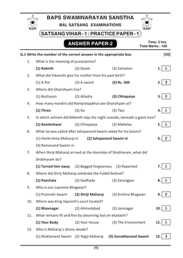 Baps Swaminarayan Sanstha Bal Satsang Examinations Satsangsatsang Vihar -- 21 :: Practicepractice Paper -- 15