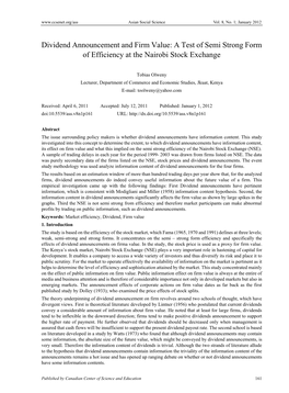 Dividend Announcement and Firm Value: a Test of Semi Strong Form of Efficiency at the Nairobi Stock Exchange
