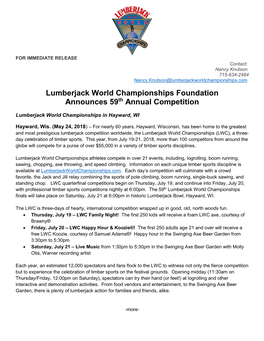 Lumberjack World Championships Foundation Announces 59Th Annual Competition