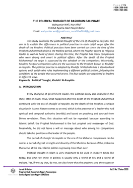 THE POLITICAL THOUGHT of RASHIDUN CALIPHATE Wahyuniar WN1, Nur Afifa2 Institut Agama Islam Negeri Bone Email: Wahyuniar.Wn@Gmail.Com, Nurafifaafifa9@Gmail.Com