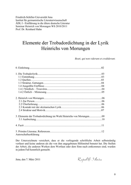 Elemente Der Trobadordichtung in Der Lyrik Heinrichs Von Morungen