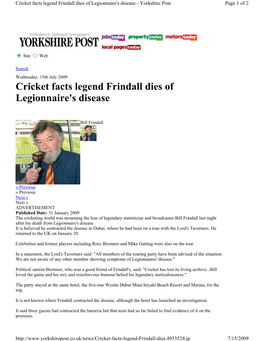 Cricket Facts Legend Frindall Dies of Legionnaire's Disease - Yorkshire Post Page 1 of 2