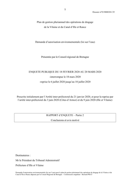 Plan De Gestion Pluriannuel Des Opérations De Dragage De La Vilaine Et Du Canal D'ille Et Rance Demande D'autorisation Envi