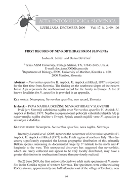 View of Neuropterida Record - Ed from Slovenia), and the Northernmost Record for the Family in Europe (See Fig