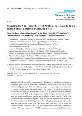 Revealing the Anti-Tumor Effect of Artificial Mirna P-27-5P on Human Breast Carcinoma Cell Line T-47D