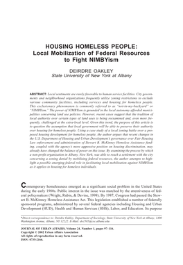 HOUSING HOMELESS PEOPLE: Local Mobilization of Federal Resources to Fight Nimbyism