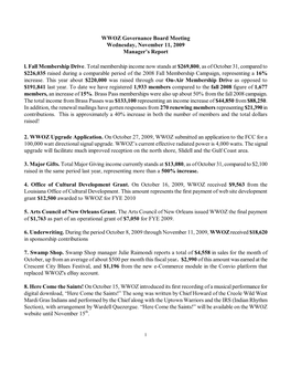 WWOZ Governance Board Meeting Wednesday, November 11, 2009 Manager’S Report L