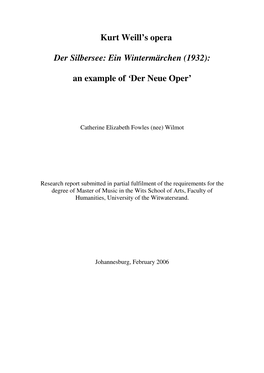 Kurt Weill's Opera Der Silbersee: Ein Wintermärchen (1932)