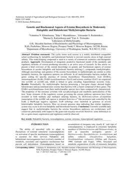 Genetic and Biochemical Aspects of Ectoine Biosynthesis in Moderately Halophilic and Halotolerant Methylotrophic Bacteria