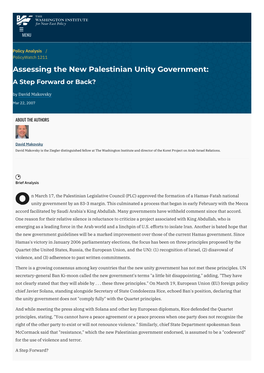 Assessing the New Palestinian Unity Government: a Step Forward Or Back? by David Makovsky