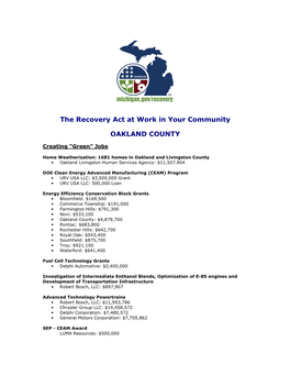 The Recovery Act at Work in Your Community OAKLAND COUNTY