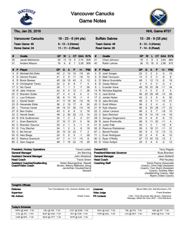 Vancouver Canucks Game Notes