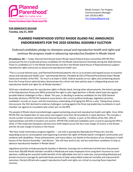 Planned Parenthood Votes! Rhode Island Pac Announces Endorsements for the 2020 General Assembly Election