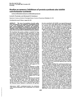 Studies on Memory: Inhibitors of Protein Synthesis Also Inhibit Catecholamine Synthesis (Acetoxycycloheximide/Anisomycin/Cycloheximide/Duromycin) Louis B