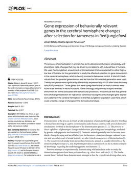 Gene Expression of Behaviorally Relevant Genes in the Cerebral Hemisphere Changes After Selection for Tameness in Red Junglefowl