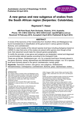 A New Genus and New Subgenus of Snakes from the South African Region (Serpentes: Colubridae)