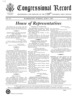 Congressional Record United States Th of America PROCEEDINGS and DEBATES of the 110 CONGRESS, FIRST SESSION