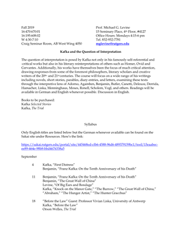 Fall 2019 Prof. Michael G. Levine 16:470:670:01 15 Seminary Place, 4Th Floor, #4127 16:195:608:02 Office Hours: Mondays 4:15-6 Pm W 4:30-7:10 Tel