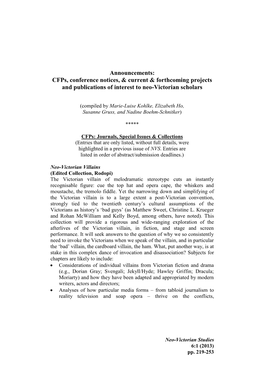 Announcements: Cfps, Conference Notices, & Current & Forthcoming Projects and Publications of Interest to Neo-Victorian Scholars