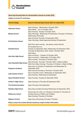 Open Day/Evening Dates for Herefordshire Secondary Schools