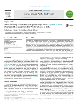 Natural History of the Trapdoor Spider Idiops Joida Gupta Et&Nbsp