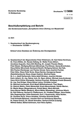 Beschlußempfehlung Und Bericht Des Sonderausschusses „Europäische Union (Vertrag Von Maastricht)"