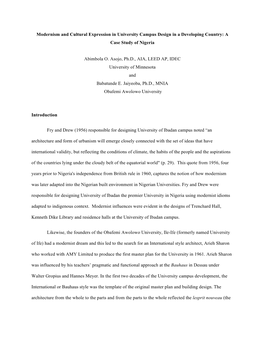 Modernism and Cultural Expression in University Campus Design in a Developing Country: a Case Study of Nigeria Abimbola O. Asojo