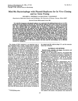 Mini-Mu Bacteriophage with Plasmid Replicons Forin Vivo Cloning And