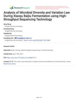 Analysis of Microbial Diversity and Variation Law During Xiaoqu Baijiu Fermentation Using High- Throughput Sequencing Technology