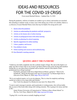 IDEAS and RESOURCES for the COVID-19 CRISIS from Recent Marshall Memos – Updated May 16, 2020