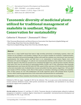 Taxonomic Diversity of Medicinal Plants Utilized for Traditional Management of Snakebite in Southeast, Nigeria: Conservation for Sustainability