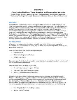 Factorization Machines, Visual Analytics, and Personalized Marketing Suneel Grover, Advisory Solutions Architect, SAS Institute Inc