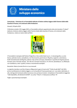 Comunicato – Emissione Di Un Francobollo Dedicato Al Settore Atletica Leggera Delle Fiamme Gialle Della Guardia Di Finanza, Nel Centenario Della Fondazione