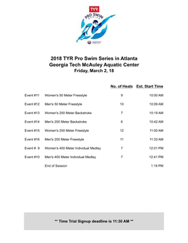 2018 TYR Pro Swim Series in Atlanta Georgia Tech Mcauley Aquatic Center Friday, March 2, 18