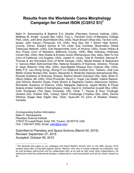 Results from the Worldwide Coma Morphology Campaign for Comet ISON (C/2012 S1)1