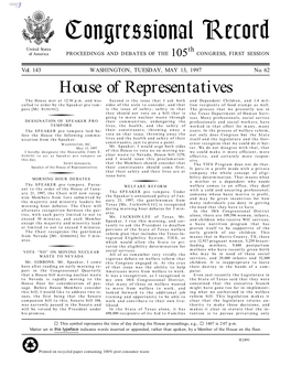 Congressional Record United States Th of America PROCEEDINGS and DEBATES of the 105 CONGRESS, FIRST SESSION