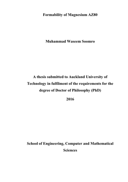 Formability of Magnesium AZ80 Muhammad Waseem Soomro A