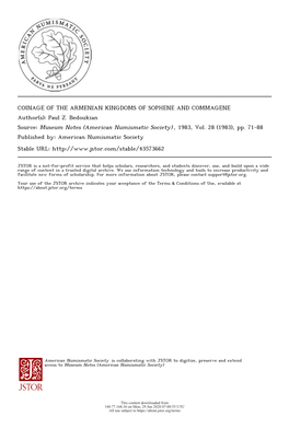 COINAGE of the ARMENIAN KINGDOMS of SOPHENE and COMMAGENE Author(S): Paul Z